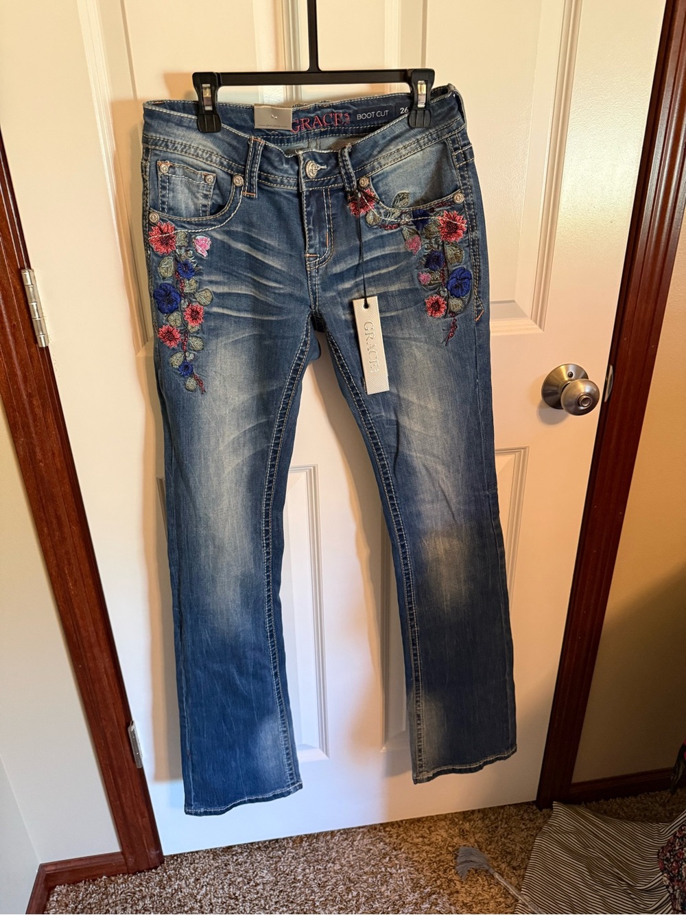 Grace in LA Blue Boot Cut Jeans with Floral Embroidery